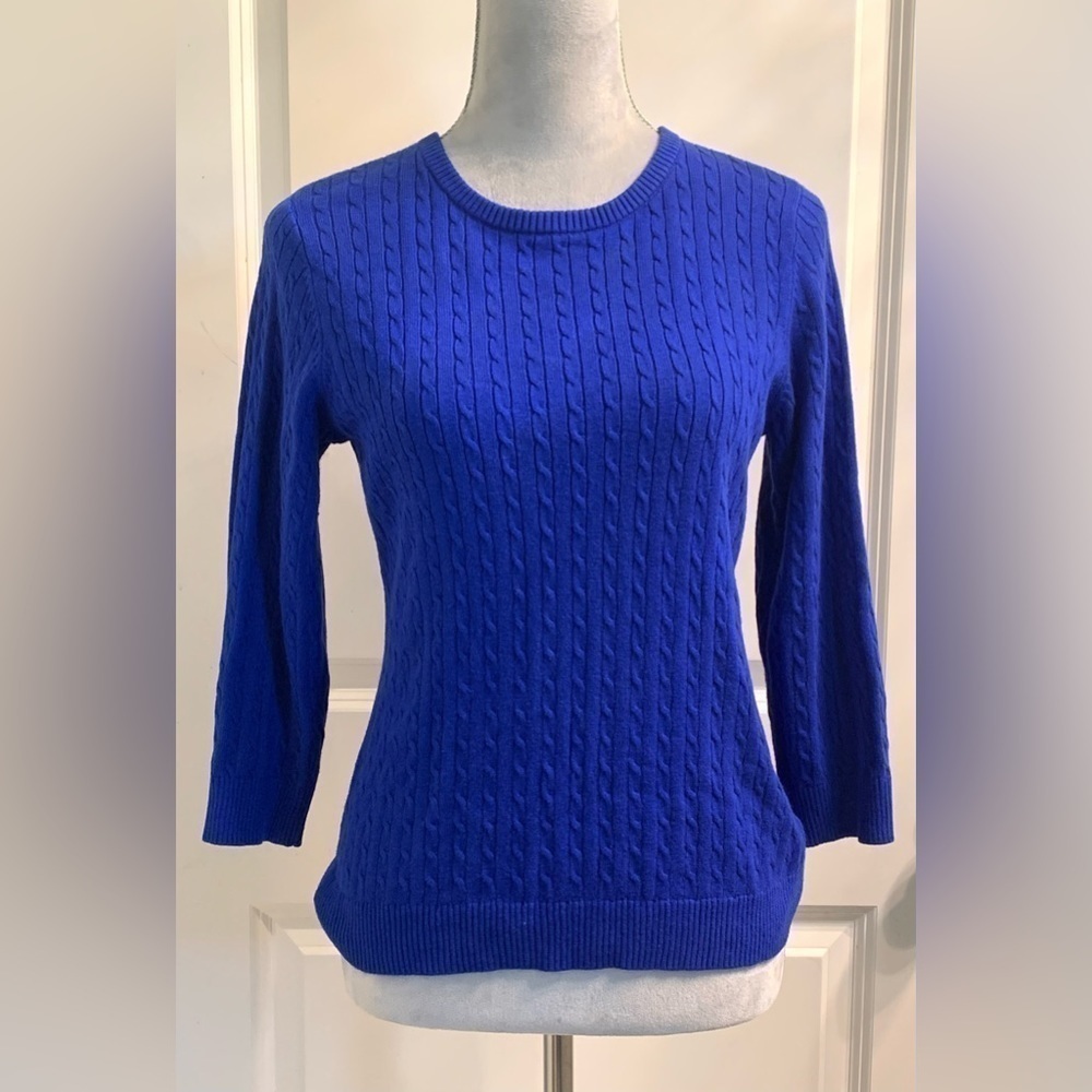 Crew Neck Cotton Blend Sweater Fisherman Cable Knit Jumper Textured Sz M Blue